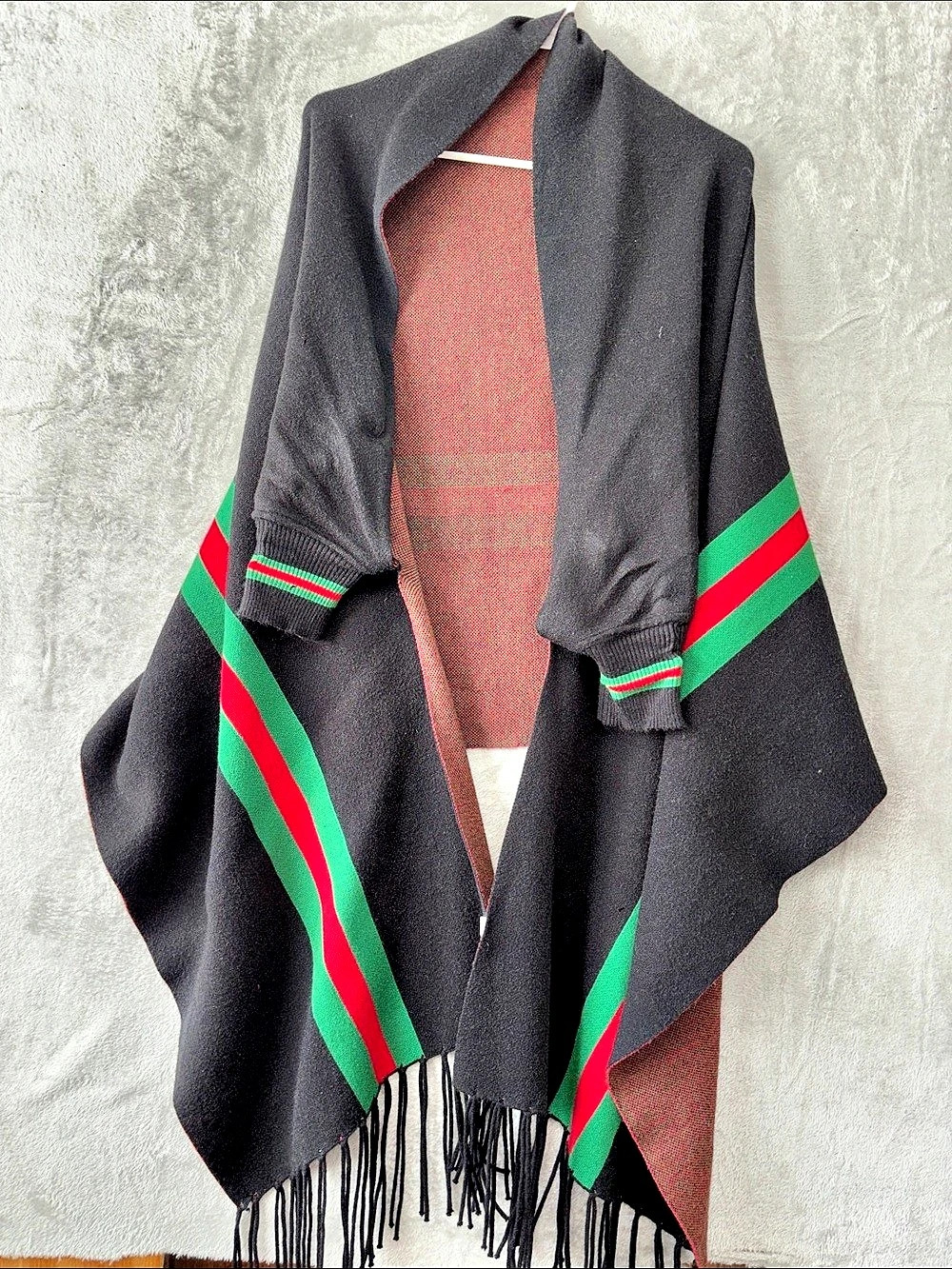 Color Block Fringe Poncho in Black & Green Like New